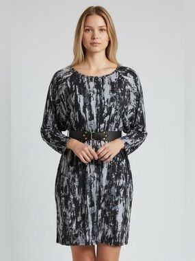 Michael Kors Blue/Black Abstract Long-Sleeve Belted Dress Women’s M NWT